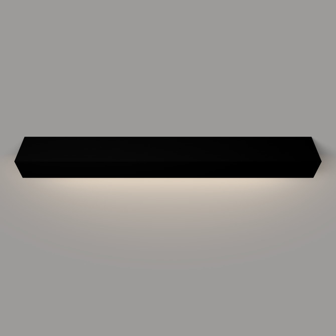 Angled view of a black painted floating mantel shelf with LED lighting, mounted on a wall and showcasing sleek design with ambient light beneath.