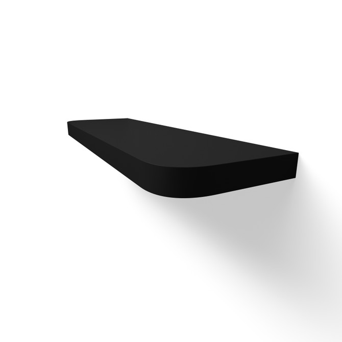 Angled view of a black painted floating shelf with rounded front corners, showcasing its 1.625-inch thickness and smooth satin finish.