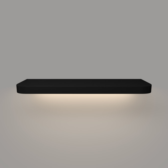 Front view of a black floating shelf with built-in LED lights and 1.625-inch thickness, showcasing clean lines and softly curved front corners.