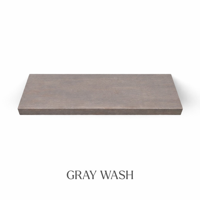 Top view of a 1 5/8-inch thick solid red oak wood shelf finished in gray wash, showing muted gray tones and natural grain texture.