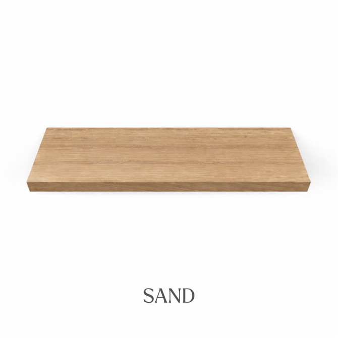 Top view of a 1 5/8-inch thick solid red oak wood shelf finished in sand, showing natural grain and neutral tones.