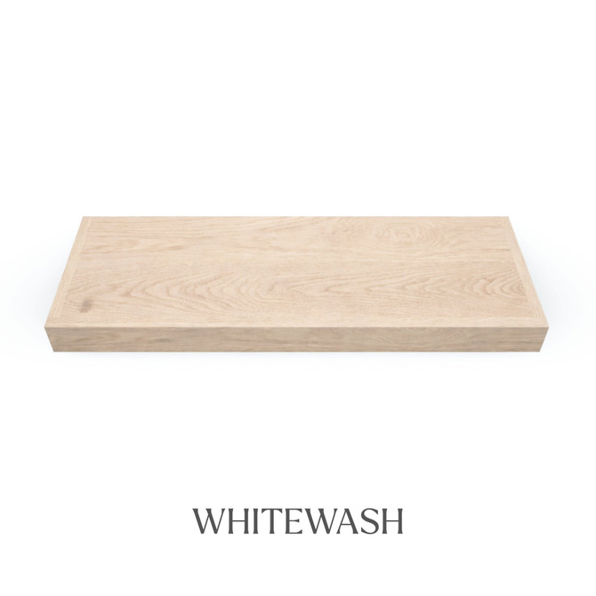 Top view of a 2-inch thick red oak floating shelf finished in whitewash, showing subtle grain and light color variation.