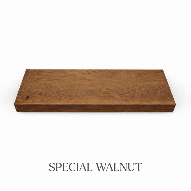 Top view of a 2-inch thick red oak floating shelf finished in Special Walnut, showing medium red brown color and natural grain variation.