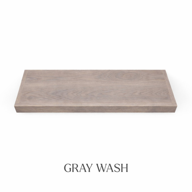 Top view of a 2-inch thick red oak floating shelf finished in gray wash, showing muted gray tones and natural grain texture.