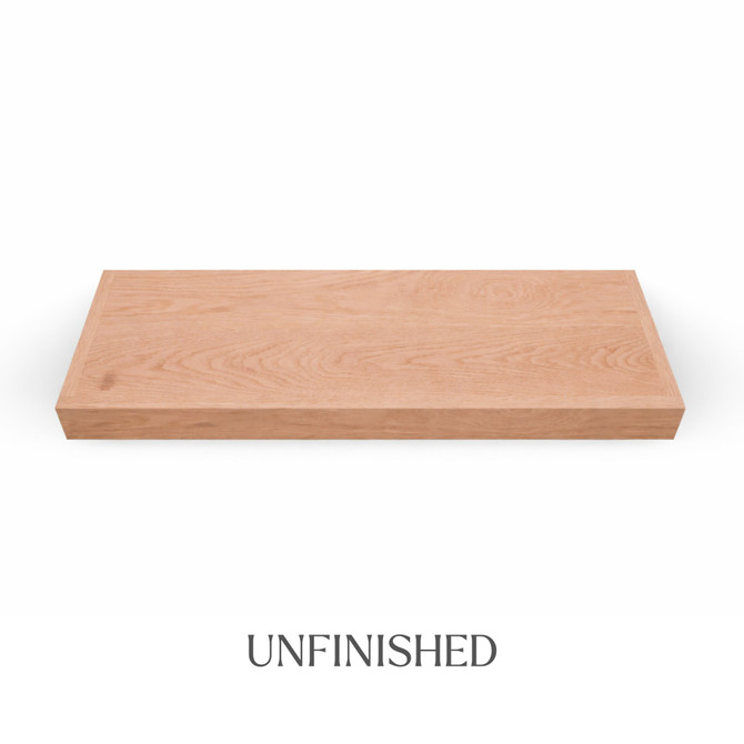 Top view of a 3-inch thick unfinished red oak floating shelf, showing natural grain, raw wood texture, and color variation.