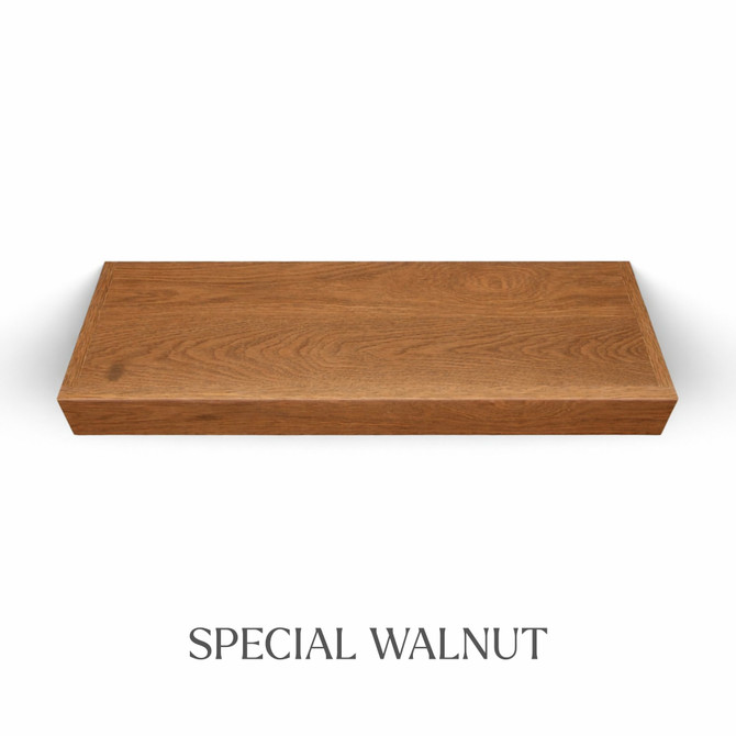 Top view of a 3-inch thick red oak floating shelf finished in Special Walnut, showing medium red brown color and natural grain variation.