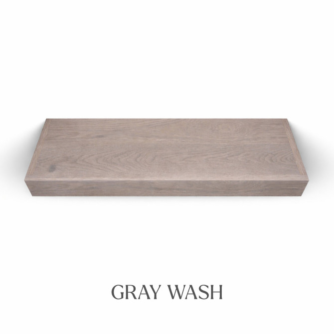 Top view of a 3-inch thick red oak floating shelf finished in gray wash, showing muted gray tones and natural grain texture.