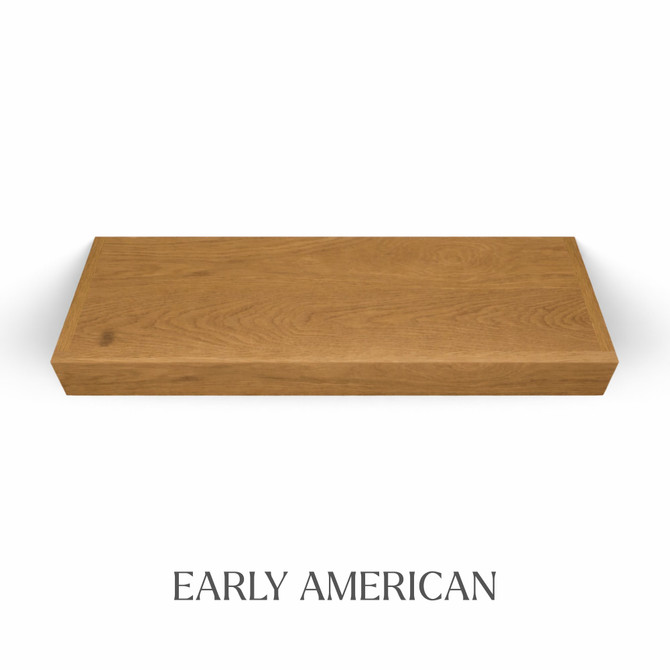 Top view of a 3-inch thick red oak floating shelf finished in Early American stain, showing rich warm tones and visible grain.