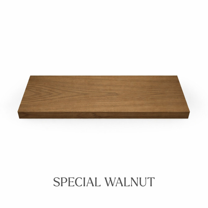 Top view of a 1 5/8-inch thick solid red oak wood shelf with integrated LED lighting, finished in Special Walnut, showing medium red brown color and natural grain variation.