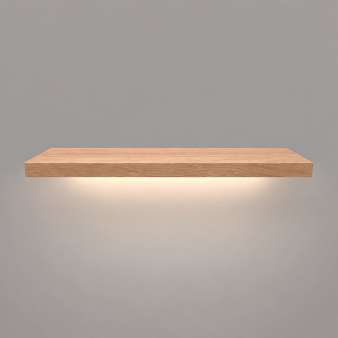 Front view of a 1 5/8-inch thick solid red oak unfinished wood shelf with integrated LED downlighting, showing natural grain, raw wood texture, and illuminated underside.