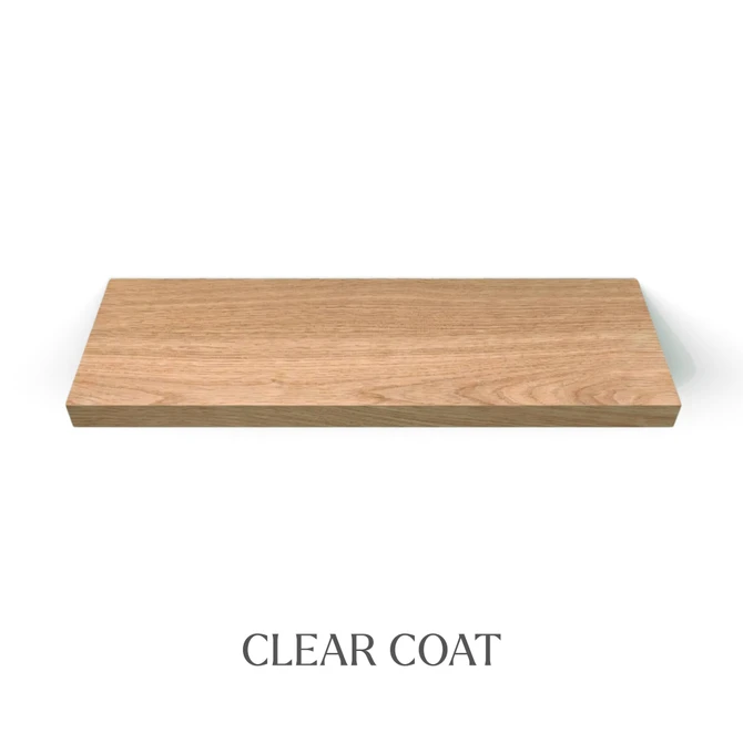 Top view of a 1 5/8-inch thick solid red oak wood shelf with integrated LED lighting, finished with clear coat, showing natural grain and color variation.