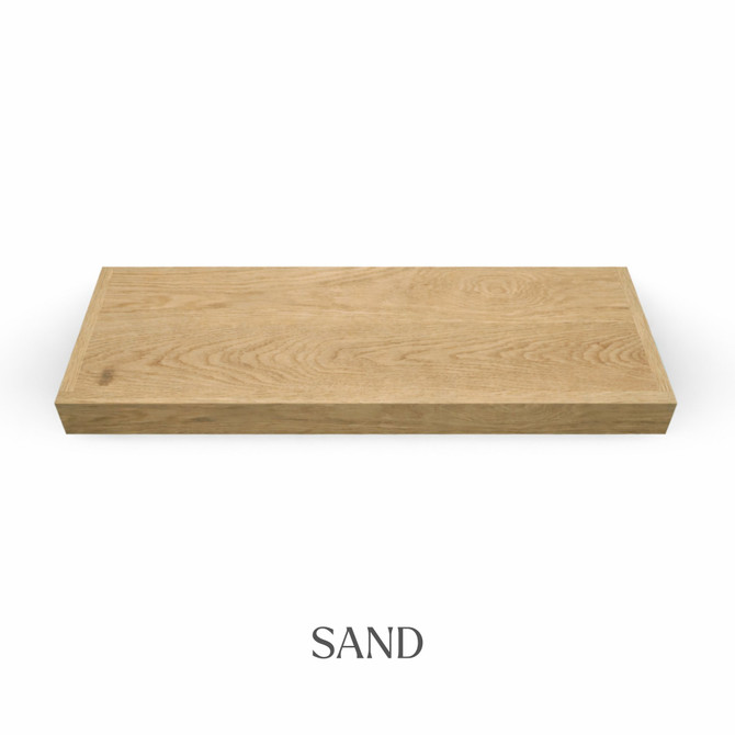 Top view of a 2-inch thick red oak floating shelf with integrated LED lighting, finished in sand, showing natural grain and warm neutral tones.