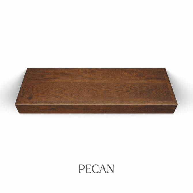 Top view of a 3-inch thick LED-lit red oak floating shelf finished in pecan, showing warm dark-brown tones, wood grain detail, and integrated LED lighting.