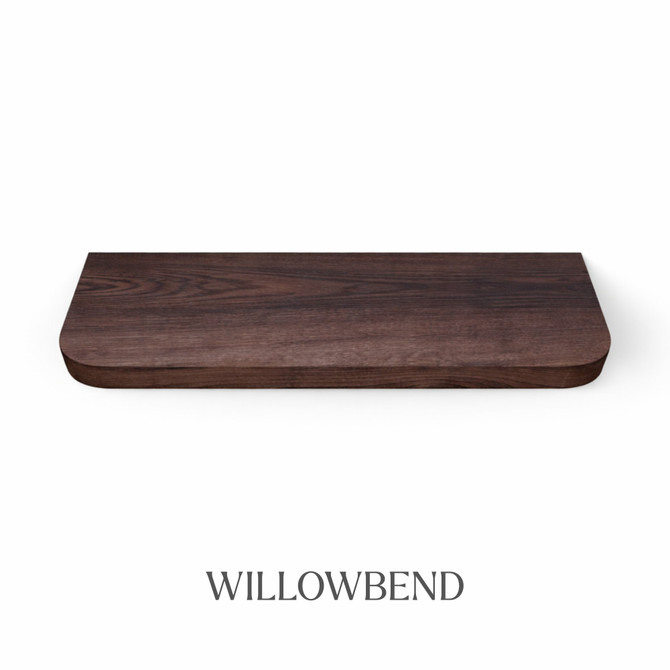 Top view of a radius-corner red oak floating shelf, finished in Willowbend, showing dark brown tones and subtle grain variation.