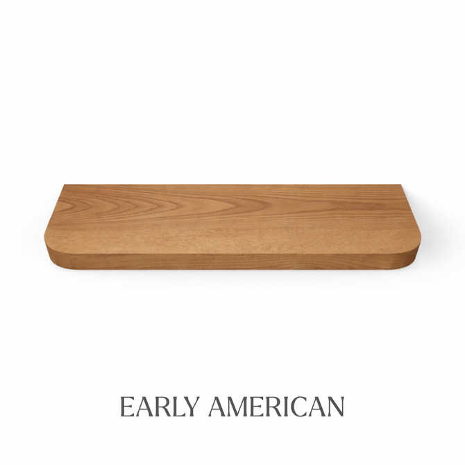 Top view of a radius-corner red oak floating shelf with integrated LED lighting, finished in Early American stain, showing warm brown tones and visible grain detail.