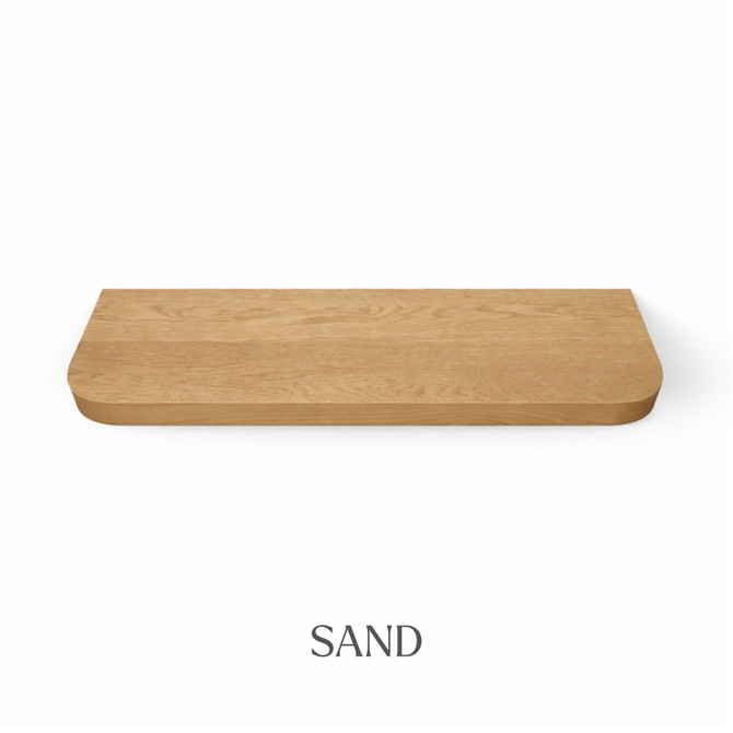 Top view of a radius-corner red oak floating shelf with integrated LED lighting, finished in sand, showing natural grain detail and warm neutral tones.
