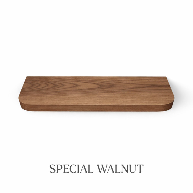 Top view of a radius-corner red oak floating shelf with integrated LED lighting, finished in Special Walnut, showing medium red-brown tones and natural grain detail.