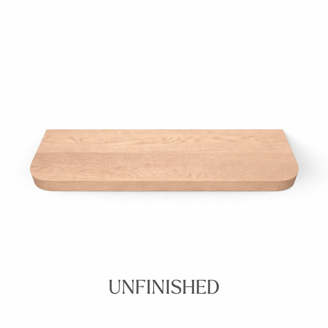 Top view of a radius-corner red oak floating shelf with integrated LED lighting in an unfinished look, showing natural grain detail, raw wood texture, and color variation.