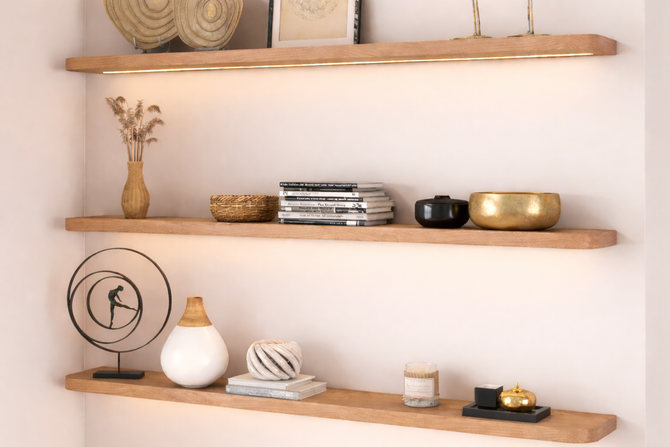 Red Oak Radius Corners Lighted Floating Shelves