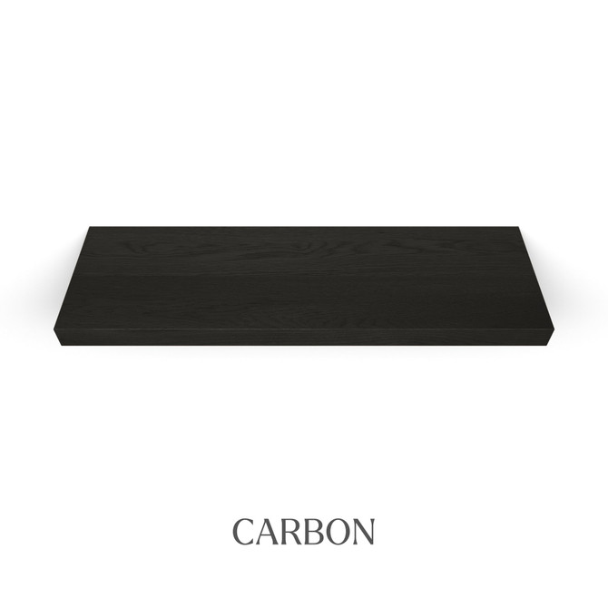 Top view of a 1 5/8-inch thick solid red oak floating shelf with battery-powered LED lighting, finished in carbon, showing near-black tones with visible wood grain.
