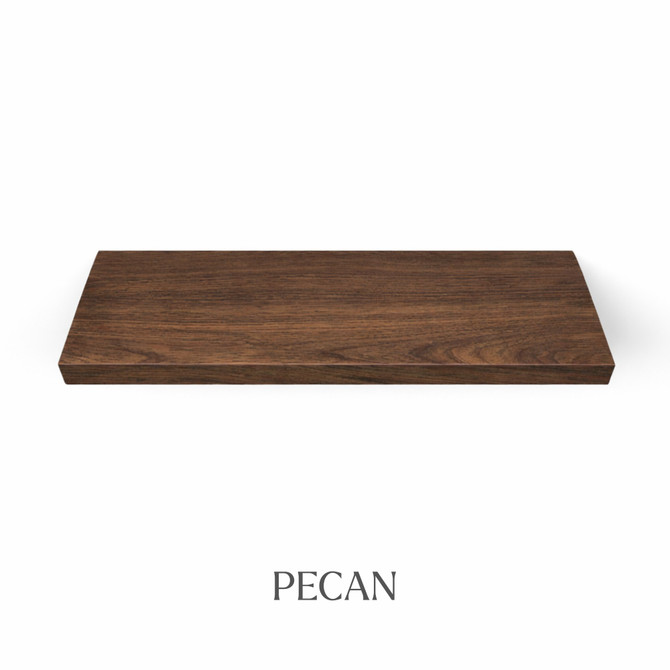 Top view of a 1 5/8-inch thick solid red oak floating shelf with battery-powered LED lighting, finished in pecan, showing warm dark-brown tones and wood grain detail.