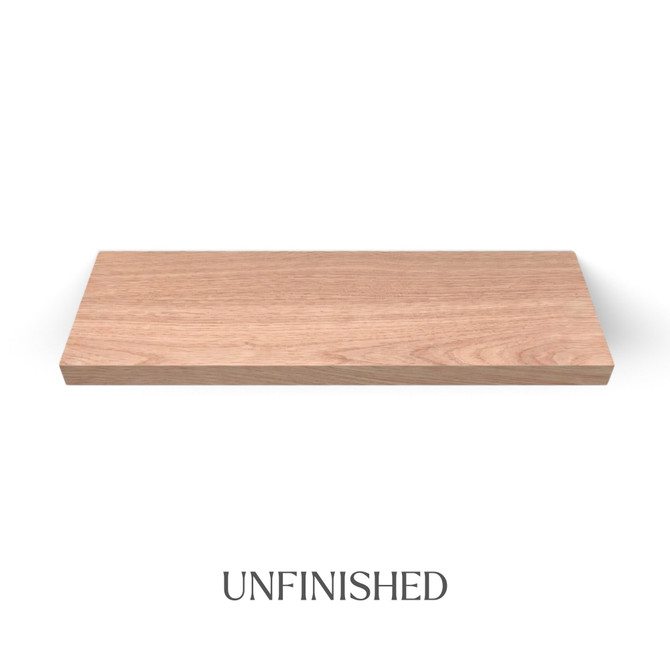 Top view of a 1 5/8-inch thick solid red oak floating shelf with battery-powered LED lighting unfinished, showing natural grain, raw wood texture, and color variation.