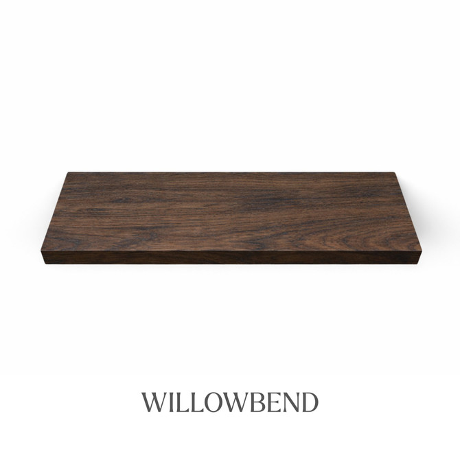 Top view of a 1 5/8-inch thick solid red oak floating shelf with battery-powered LED lighting, finished in Willowbend, showing dark brown tones with subtle grain variation.