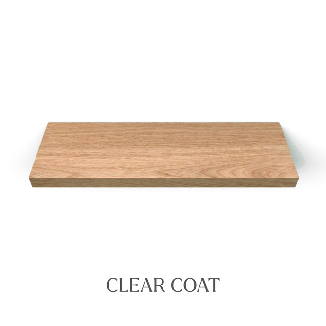 Top view of a 1 5/8-inch thick solid red oak floating shelf with battery-powered LED lighting, finished with clear coat, showing natural grain and color variation.