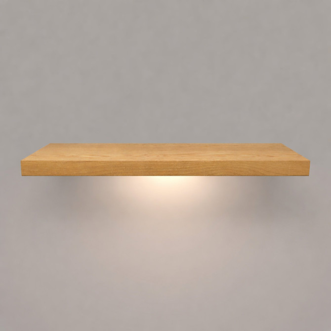 Front view of a 1 5/8-inch thick solid red oak wood floating shelf with battery-powered LED downlighting, finished in clear coat, showing natural grain, raw wood texture, and illuminated underside.