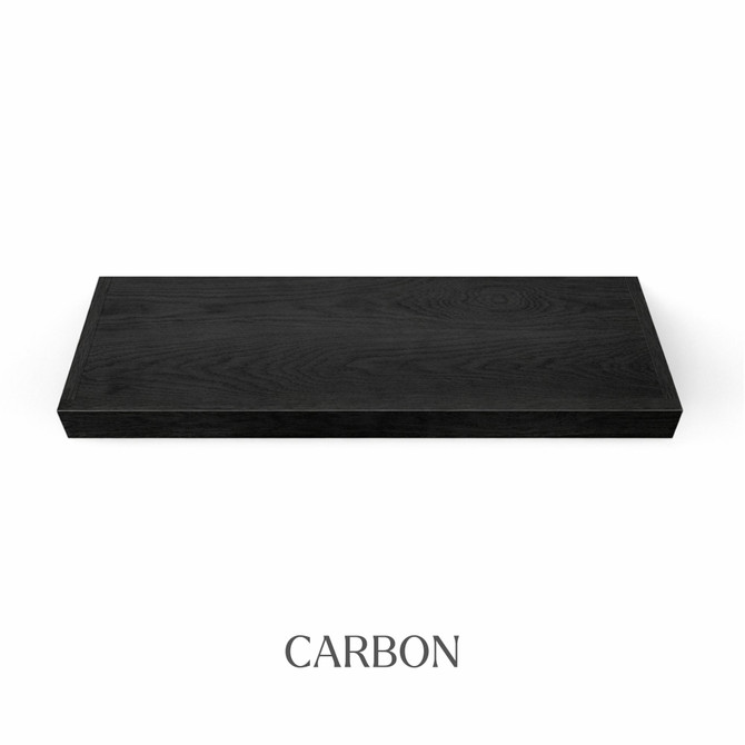 Top view of a 2-inch thick red oak floating shelf with battery-powered LED lighting, finished in carbon, showing near-black tones with visible wood grain detail.
