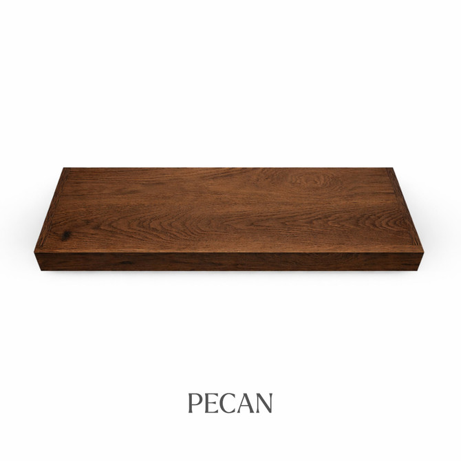 Top view of a 2-inch thick red oak floating shelf with battery-powered LED lighting, finished in pecan, showing warm dark-brown tones and wood grain detail.