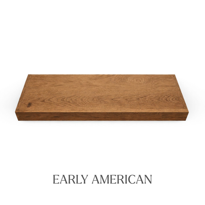 Top view of a 2-inch thick red oak floating shelf with battery-powered LED lighting, finished in Early American stain, showing warm brown tones and visible grain detail.