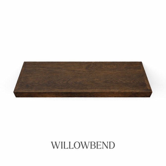 Top view of a 2-inch thick red oak floating shelf with battery-powered LED lighting, finished in Willowbend, showing dark brown tones and subtle grain variation.