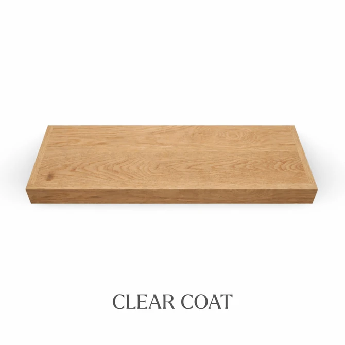Top view of a 2-inch thick red oak floating shelf with battery-powered LED lighting, finished with clear coat, showing natural grain detail and color variation.