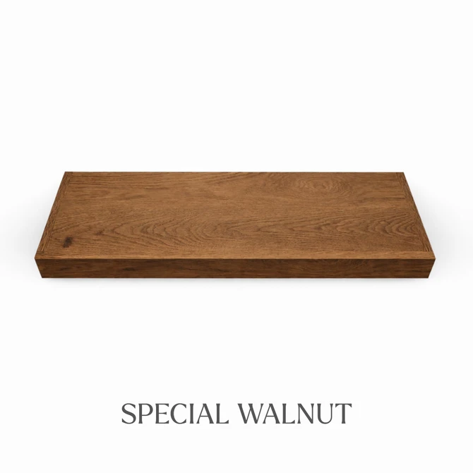 Top view of a 2-inch thick red oak floating shelf with battery-powered LED lighting, finished in Special Walnut, showing medium red-brown tones and natural grain detail.