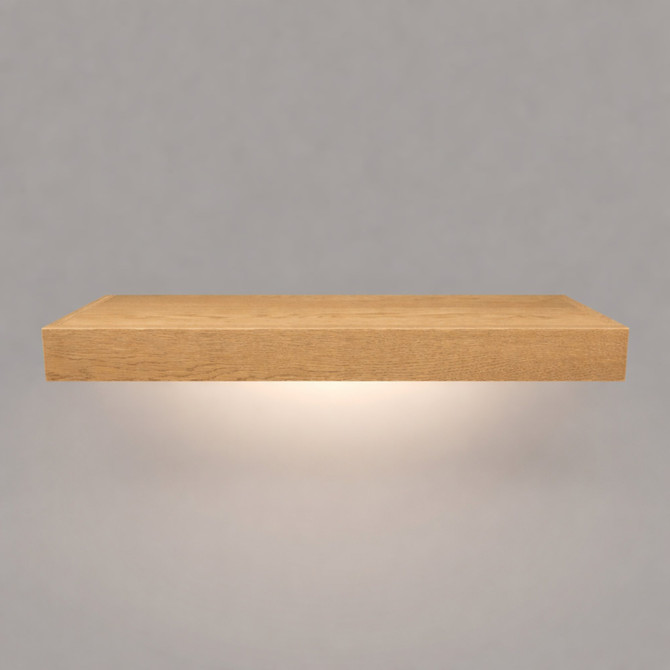 Front view of a 3-inch thick red oak floating shelf with battery-powered LED downlighting finished in clear coat, showing natural grain detail, raw wood texture, and an illuminated underside.