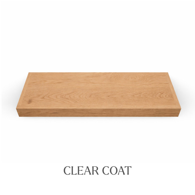 Top view of a 3-inch thick red oak floating shelf with battery-powered LED lighting, finished with clear coat, showing natural grain detail and color variation.