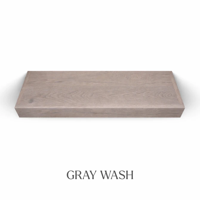 Top view of a 3-inch thick red oak floating shelf with battery-powered LED lighting, finished in gray wash, showing muted gray tones and natural grain texture.