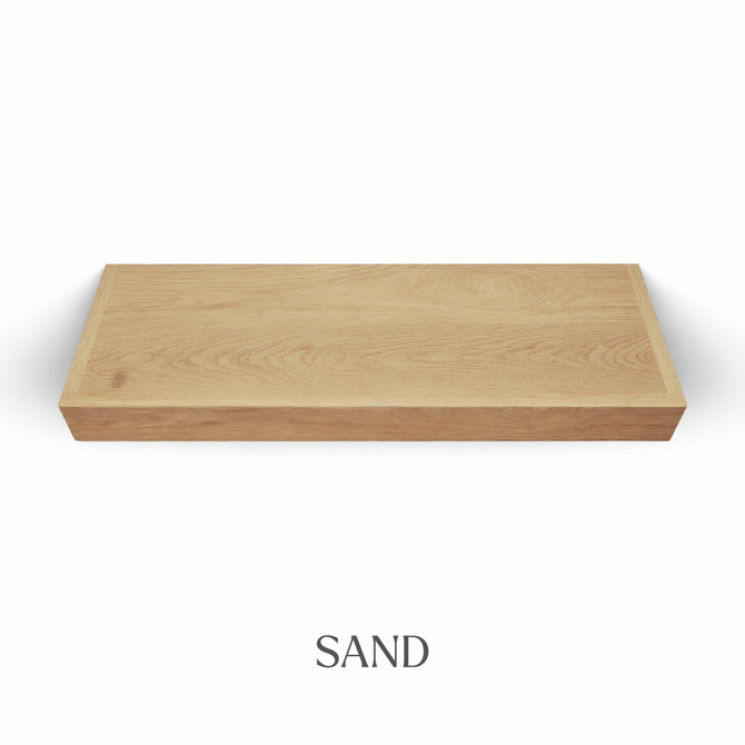 Top view of a 3-inch thick red oak floating shelf with battery-powered LED lighting, finished in sand, showing natural grain detail and warm neutral tones.