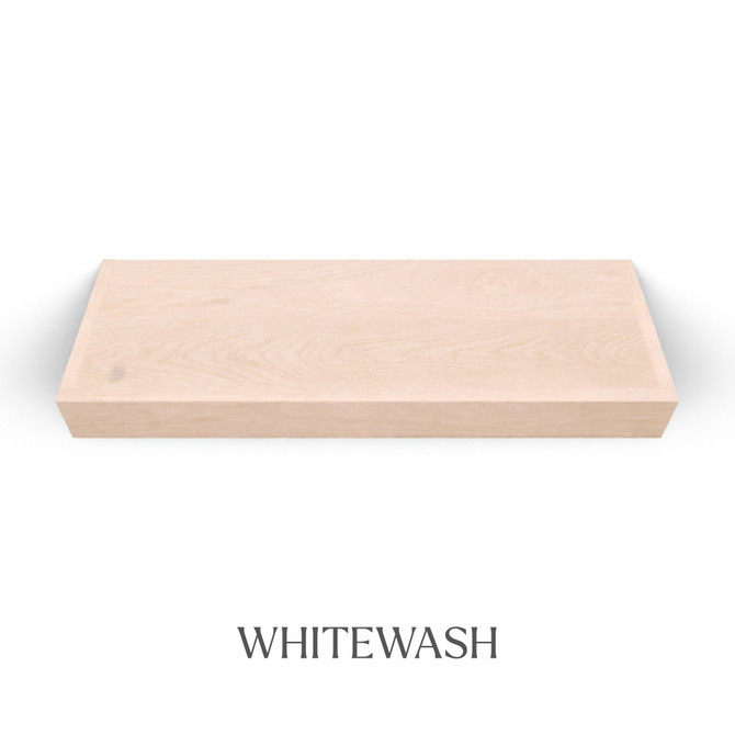 Top view of a 3-inch thick red oak floating shelf with battery-powered LED lighting, finished in whitewash, showing subtle grain detail and light color variation.