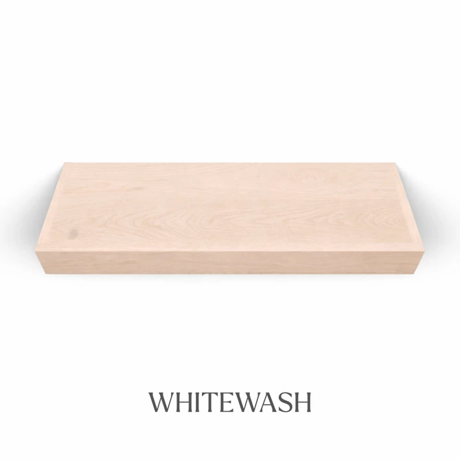 Top view of a 3-inch thick red oak floating shelf with battery-powered LED lighting, finished in whitewash, showing subtle grain detail and light color variation.