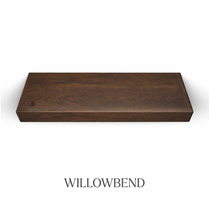 Top view of a 3-inch thick red oak floating shelf with battery-powered LED lighting, finished in Willowbend, showing dark brown tones and subtle grain variation.