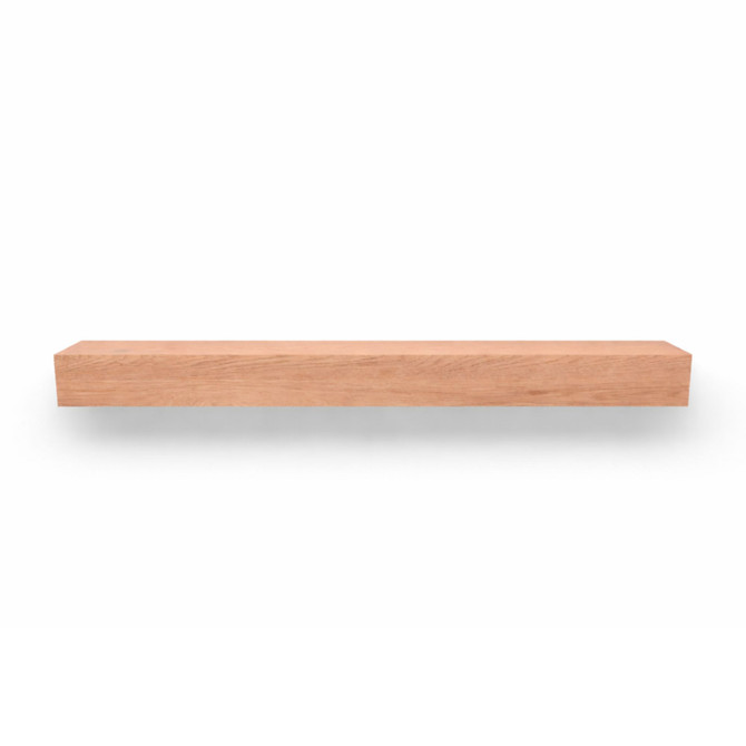 Front view of a 5-inch thick unfinished red oak floating mantel, showing natural grain, raw wood texture, and color variation.