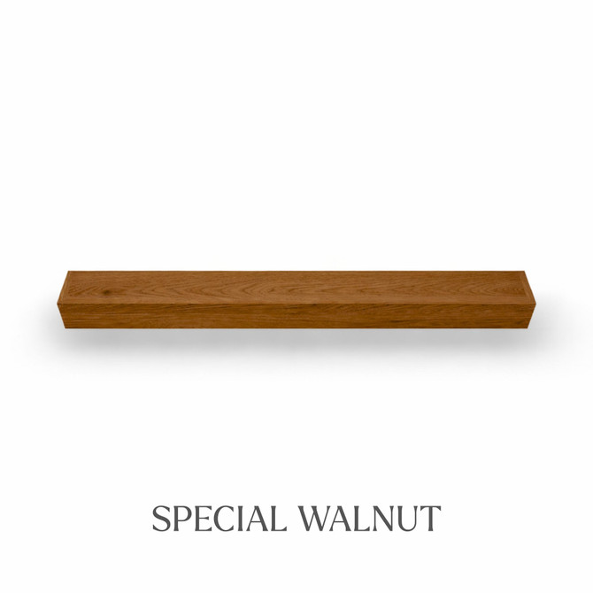 Top view of a 5-inch thick red oak floating mantel finished in Special Walnut, showing medium red brown color and natural grain variation.