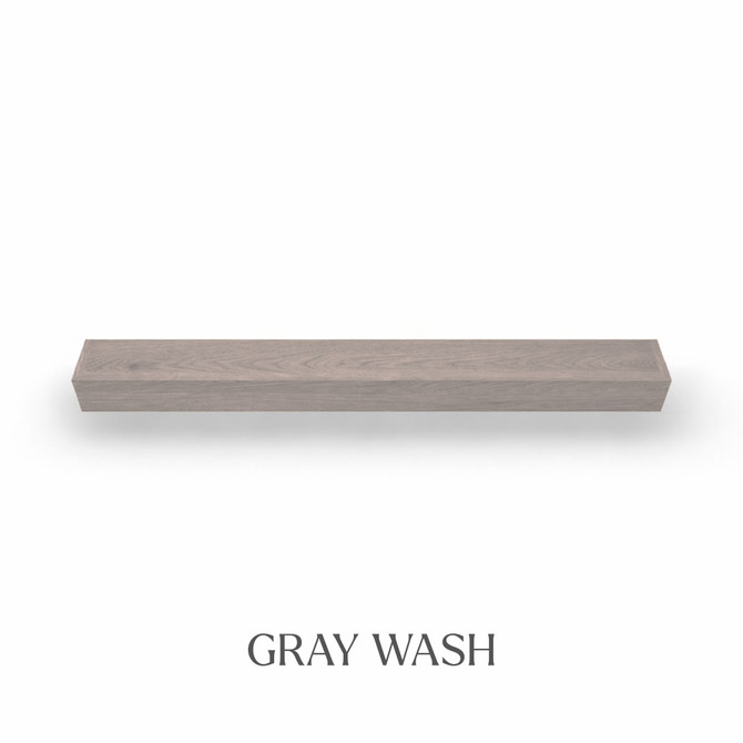 Top view of a 5-inch thick red oak floating mantel finished in gray wash, showing muted gray tones and natural grain texture.