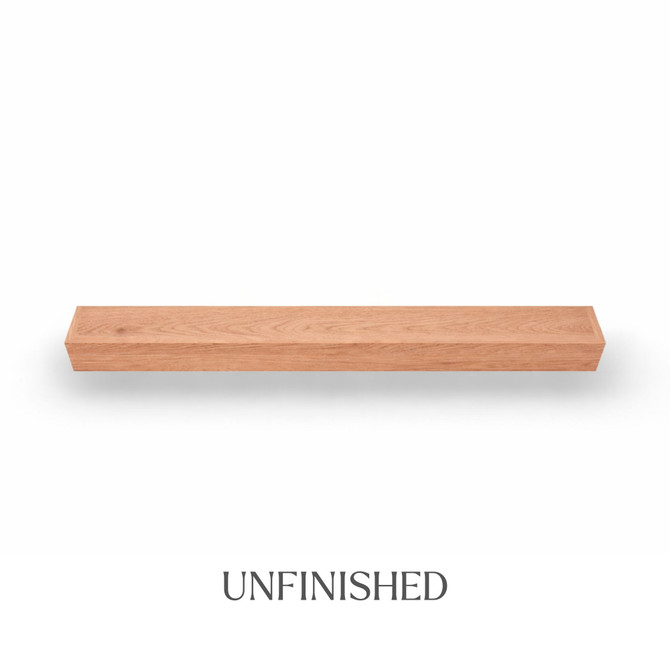 Top view of a 5-inch thick unfinished red oak floating mantel, showing natural grain, raw wood texture, and color variation.
