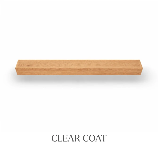 Top view of a 5-inch thick red oak floating mantel finished with clear coat, showing natural grain and color variation.