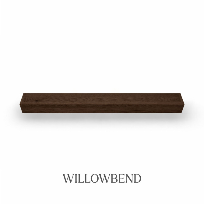 Top view of a 5-inch thick red oak floating mantel finished in Willowbend, showing dark brown tones with subtle grain variation.