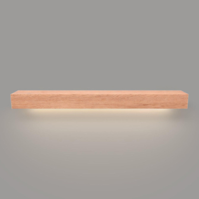 Front view of a red oak floating mantel shelf with integrated LED lights, highlighting its natural wood grain, warm tones, clean lines, and the soft glow beneath the shelf.