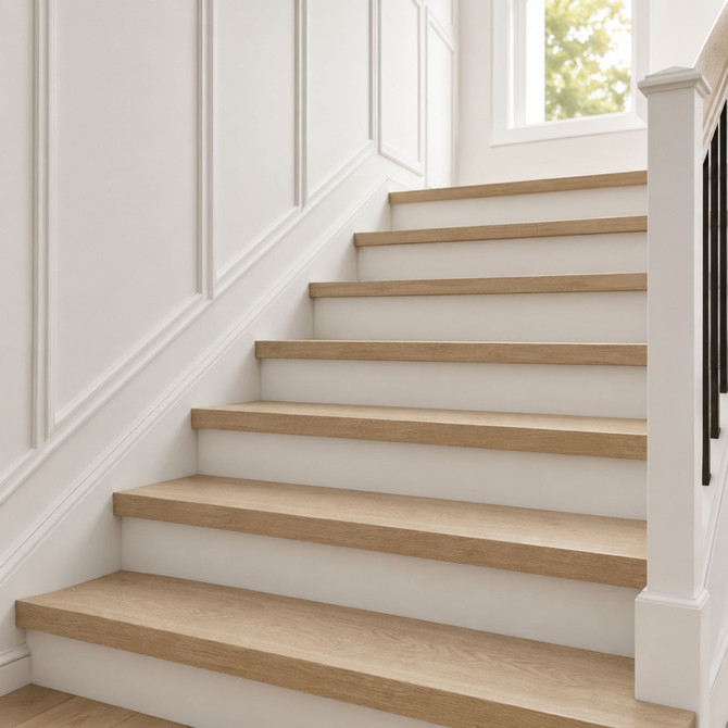 Solid white oak retrofit stair treads installed on staircase